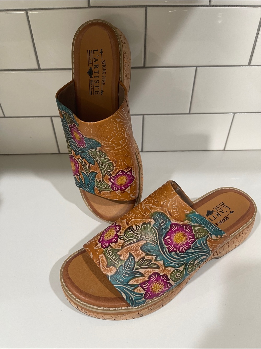 L'ATISTE Tan Floral Embossed Slide Mules with Teal and Magenta Accents